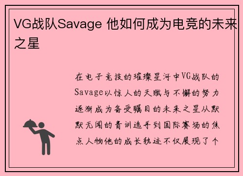 VG战队Savage 他如何成为电竞的未来之星
